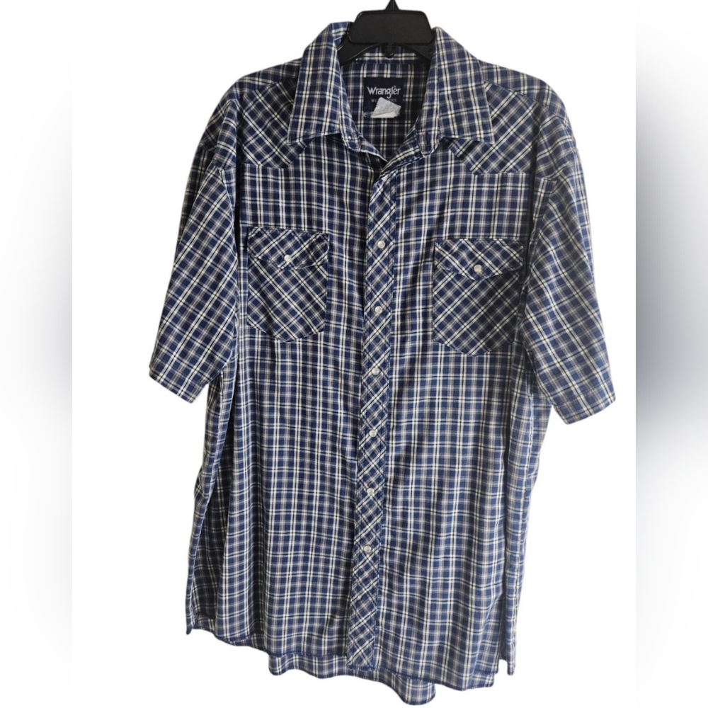Wrangler Tall Blue White Plaid Pearl Snap Mens Western Short Sleeve Chest  52"